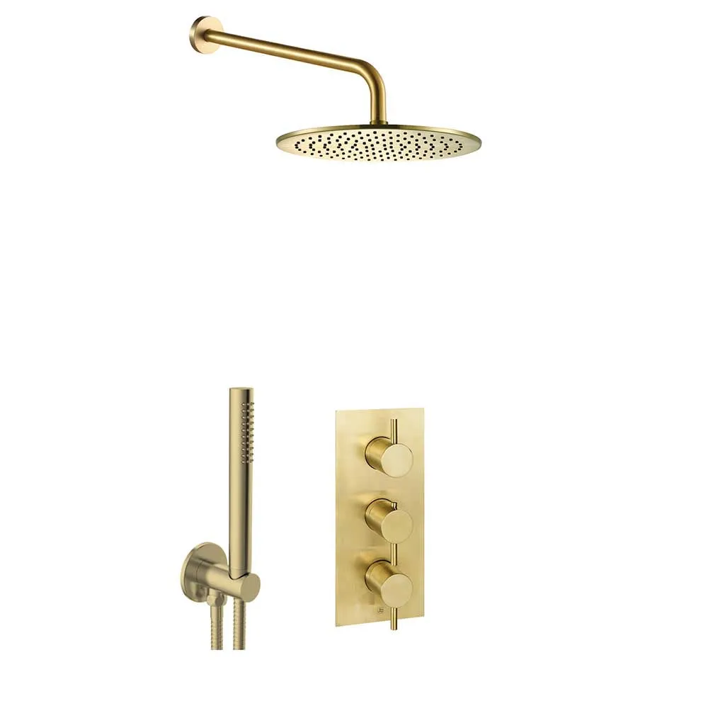 Brass 2 Outlet Concealed Shower Set with Thermostatic Valve, Fixed Shower Head with Arm and Handheld Shower