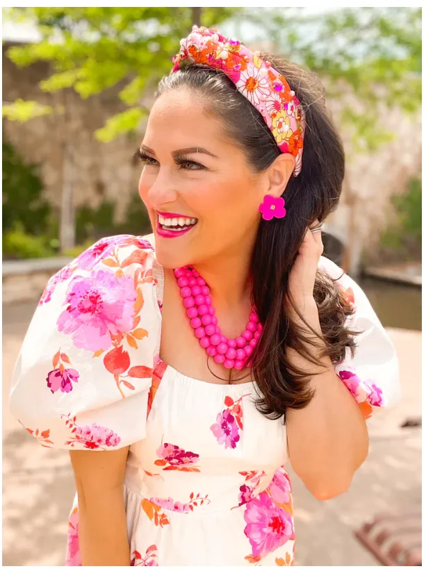 Brianna Cannon Pink and Orange Retro Floral Headband with Crystals and Pearls