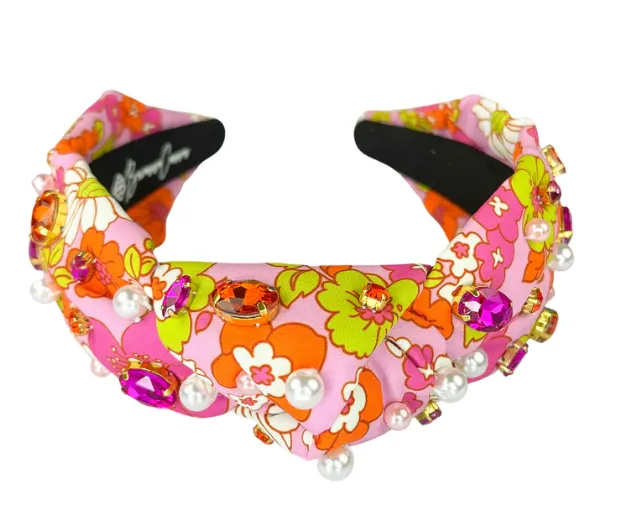 Brianna Cannon Pink and Orange Retro Floral Headband with Crystals and Pearls
