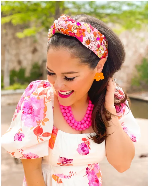 Brianna Cannon Pink and Orange Retro Floral Headband with Crystals and Pearls