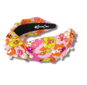 Brianna Cannon Pink and Orange Retro Floral Headband with Crystals and Pearls