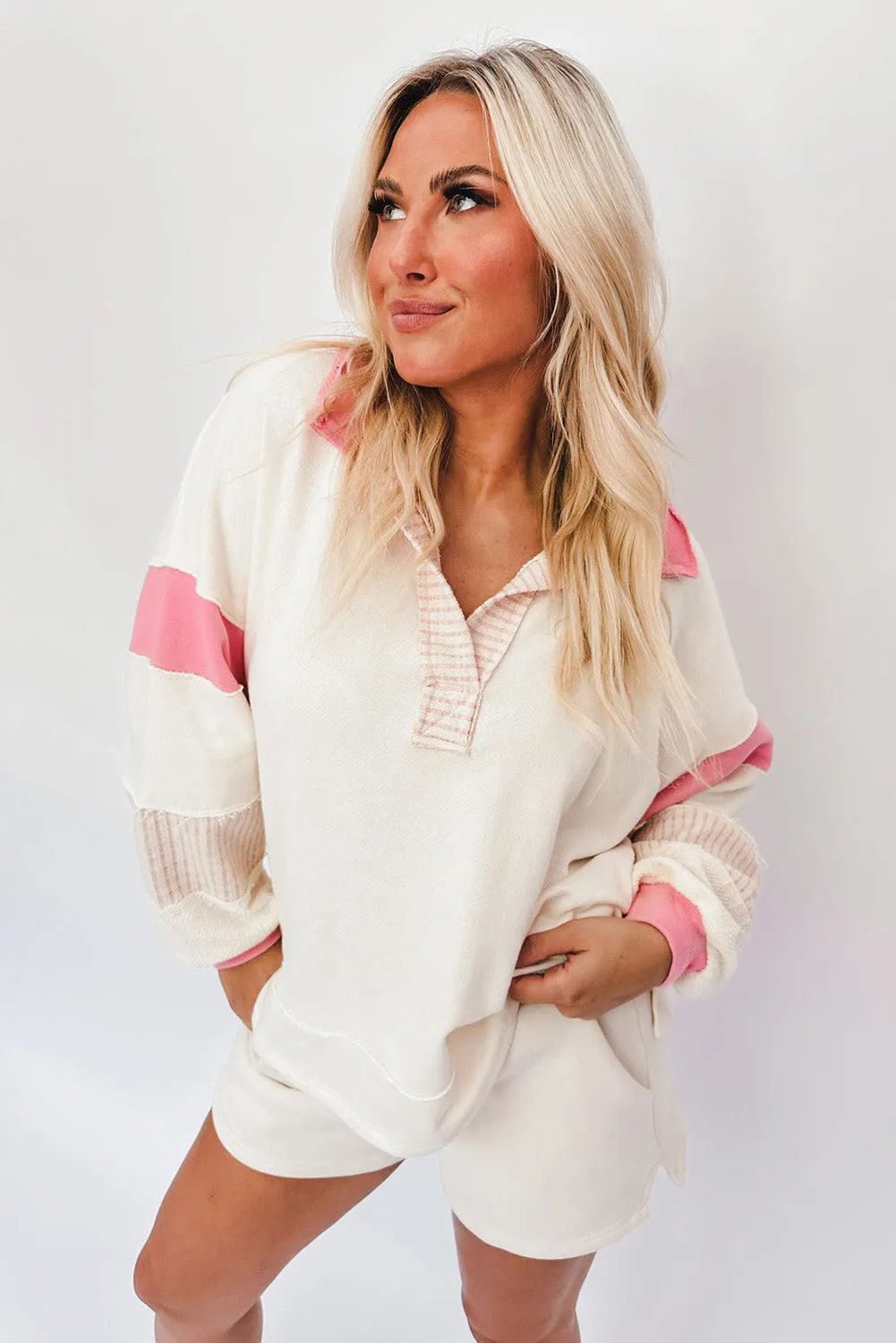 Bright White Colorblock Collared Pullover Sweatshirt