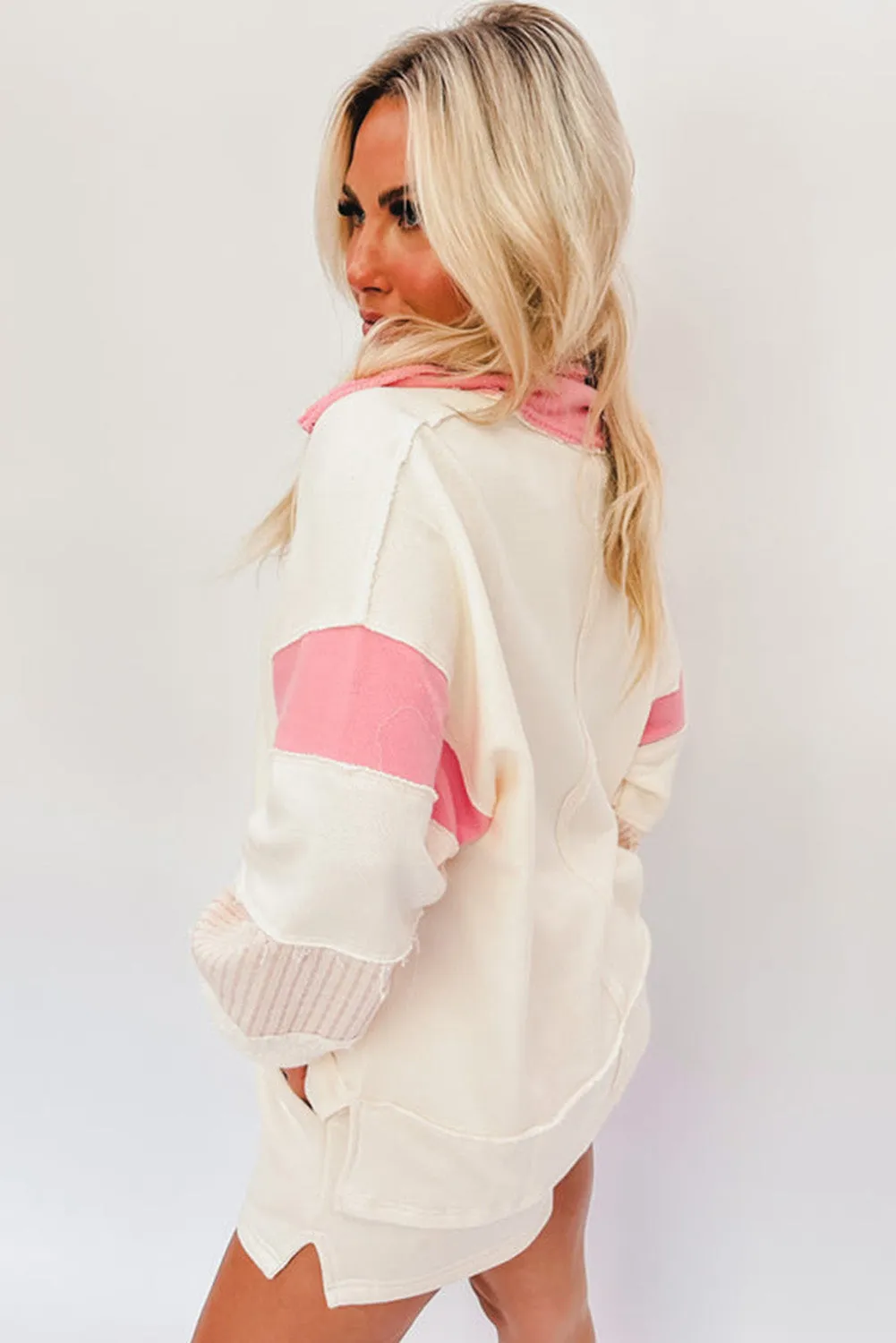 Bright White Colorblock Collared Pullover Sweatshirt