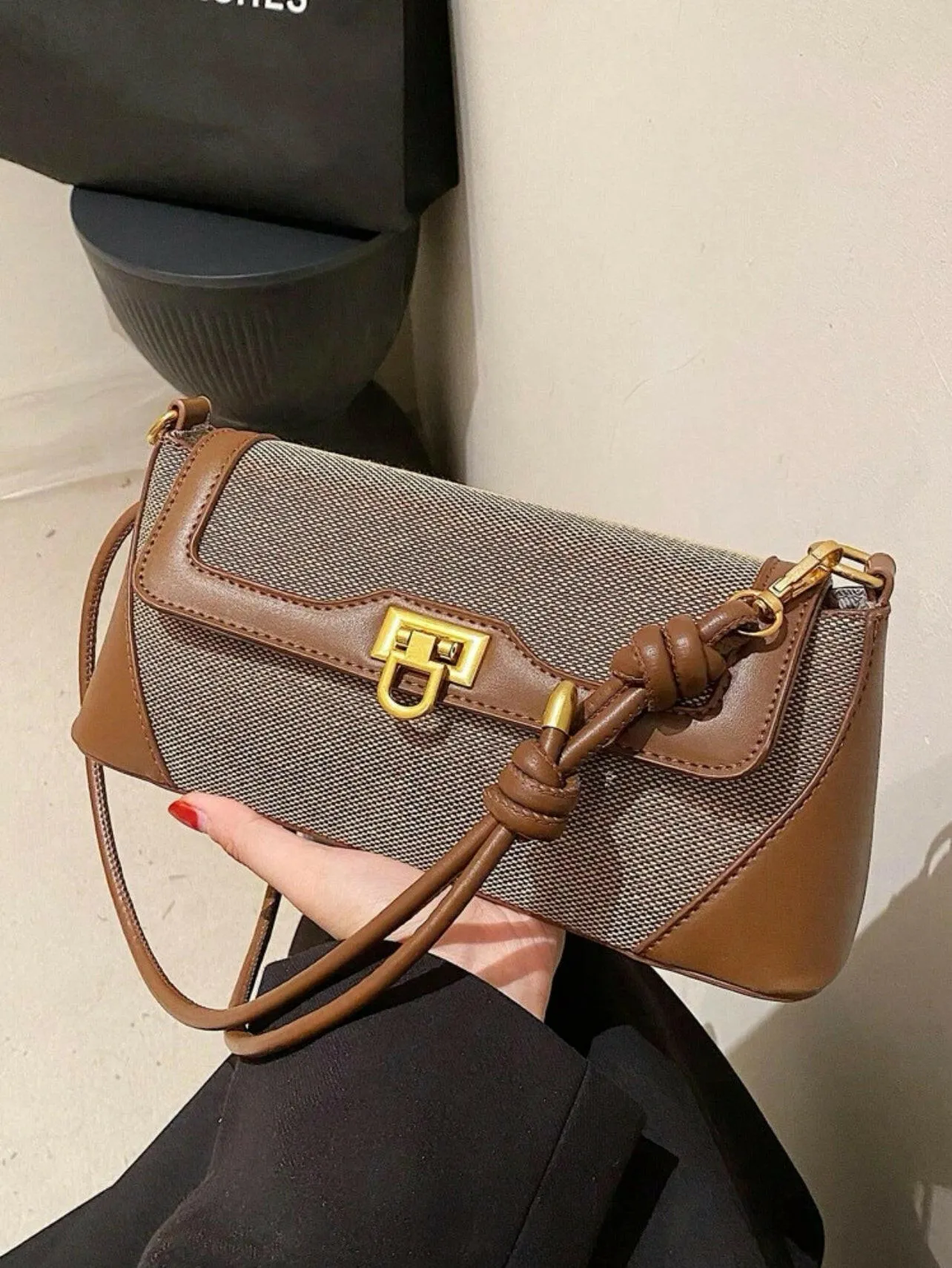 Brown Metal Decor Flap Baguette Bag