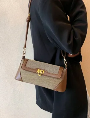 Brown Metal Decor Flap Baguette Bag