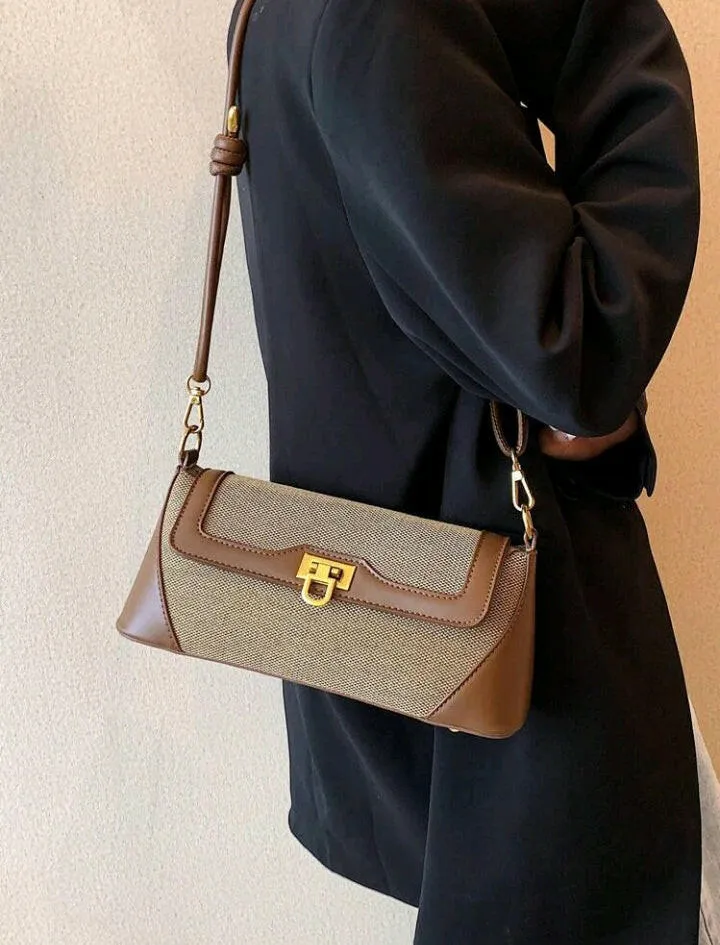 Brown Metal Decor Flap Baguette Bag