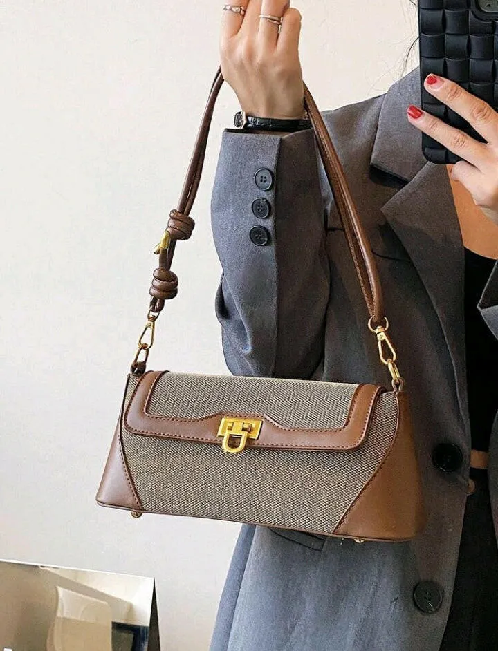 Brown Metal Decor Flap Baguette Bag