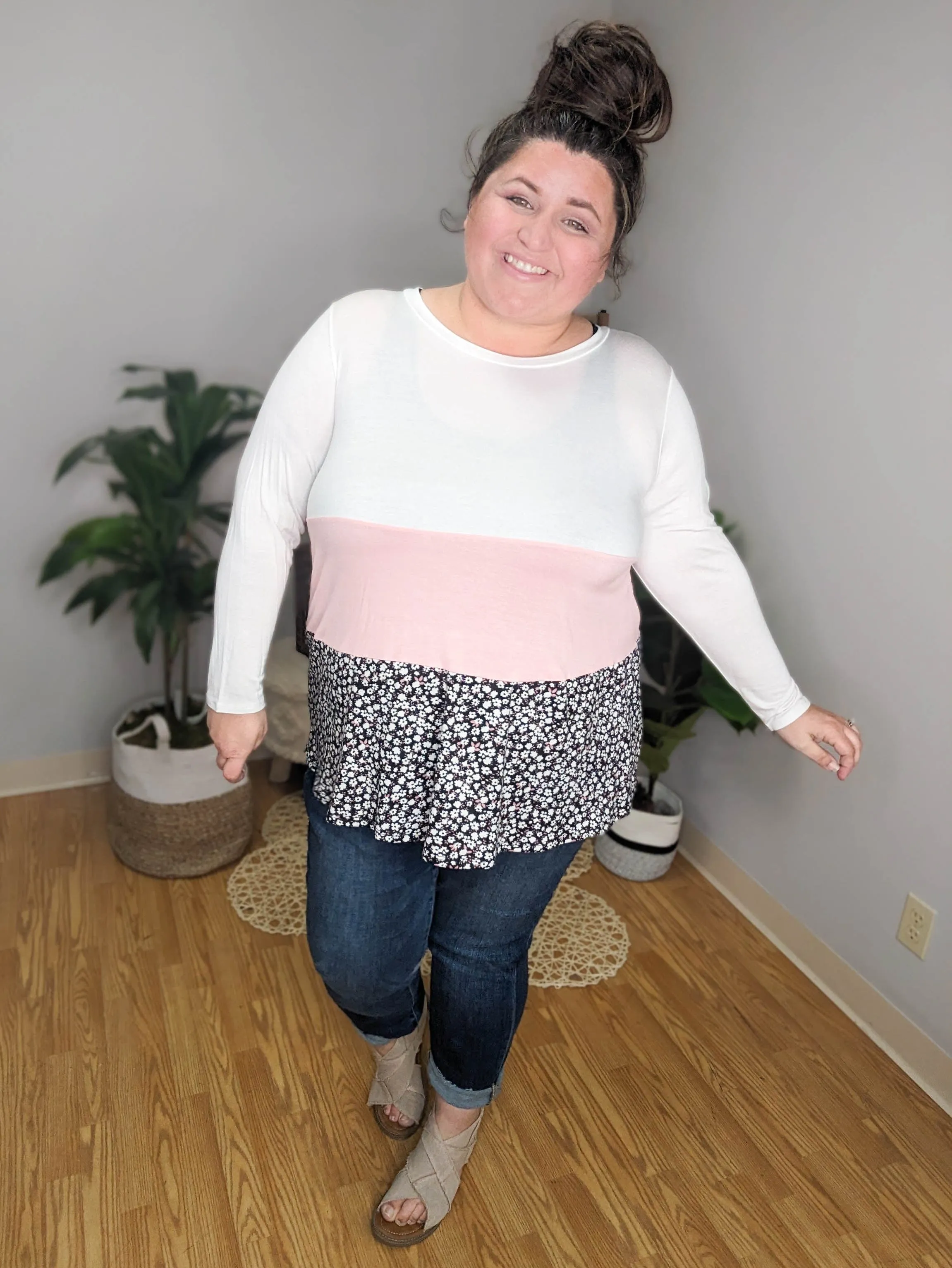 Brynn Tiered Lightweight Long Sleeve Floral Colorblock Top