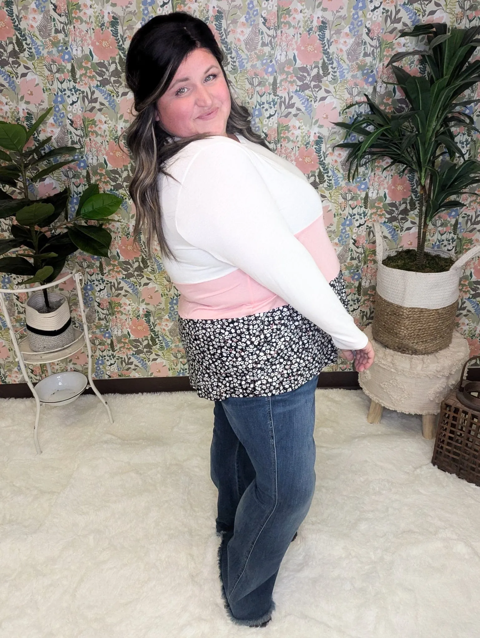 Brynn Tiered Lightweight Long Sleeve Floral Colorblock Top