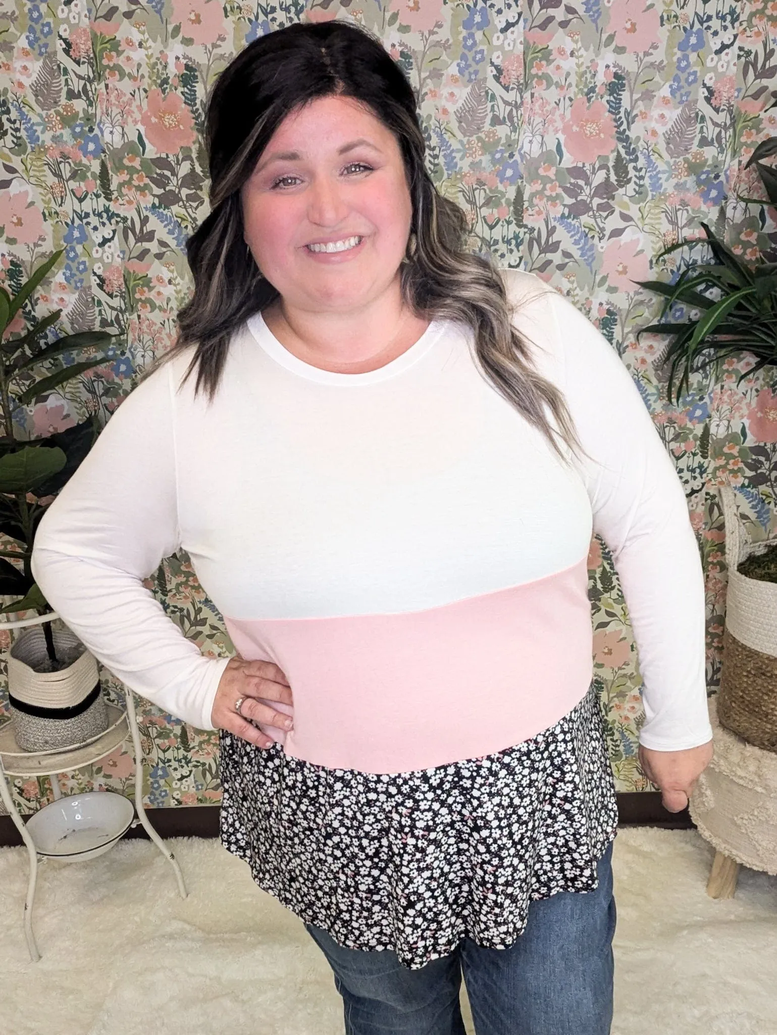 Brynn Tiered Lightweight Long Sleeve Floral Colorblock Top