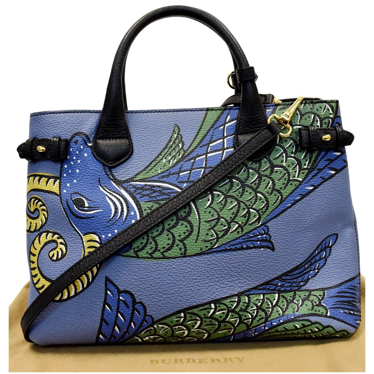 BURBERRY Small Banner Beasts Print Leather Satchel Bag Blue