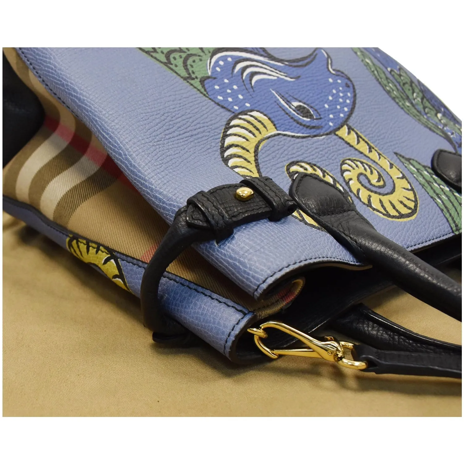 BURBERRY Small Banner Beasts Print Leather Satchel Bag Blue