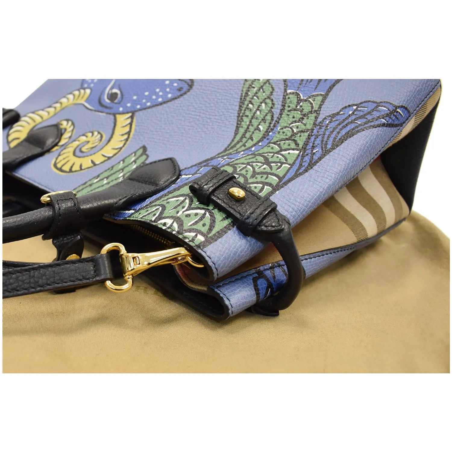 BURBERRY Small Banner Beasts Print Leather Satchel Bag Blue