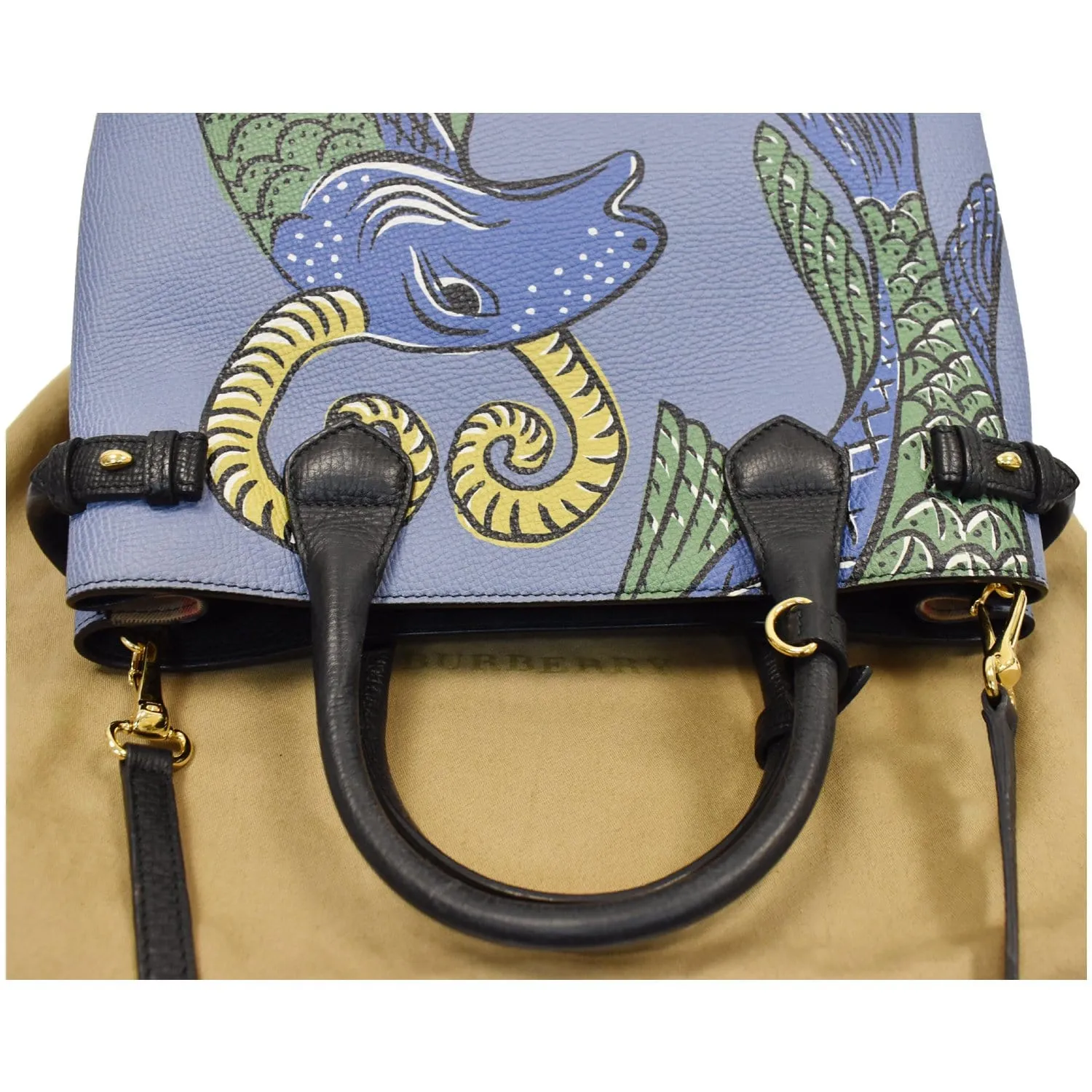 BURBERRY Small Banner Beasts Print Leather Satchel Bag Blue