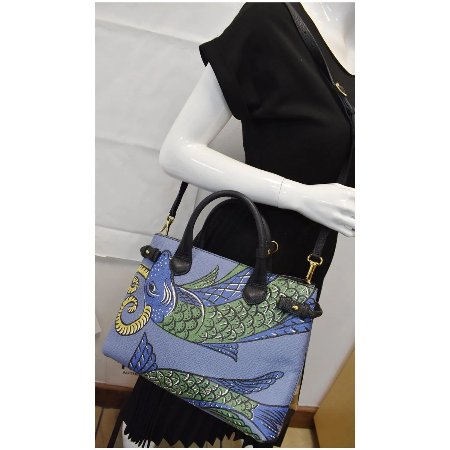 BURBERRY Small Banner Beasts Print Leather Satchel Bag Blue
