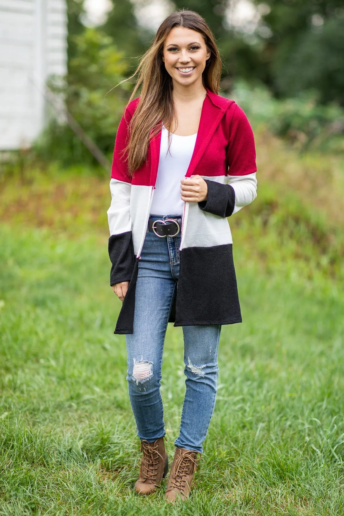 Burgundy Colorblock Hooded Cardigan