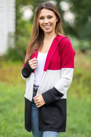Burgundy Colorblock Hooded Cardigan