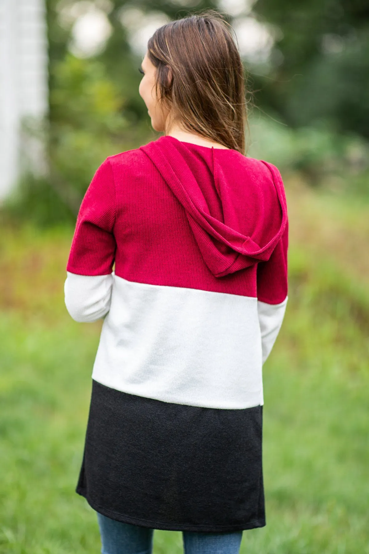 Burgundy Colorblock Hooded Cardigan
