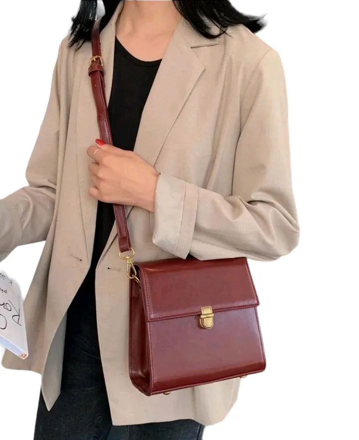 Burgundy Mini Push Button Flap Square Bag