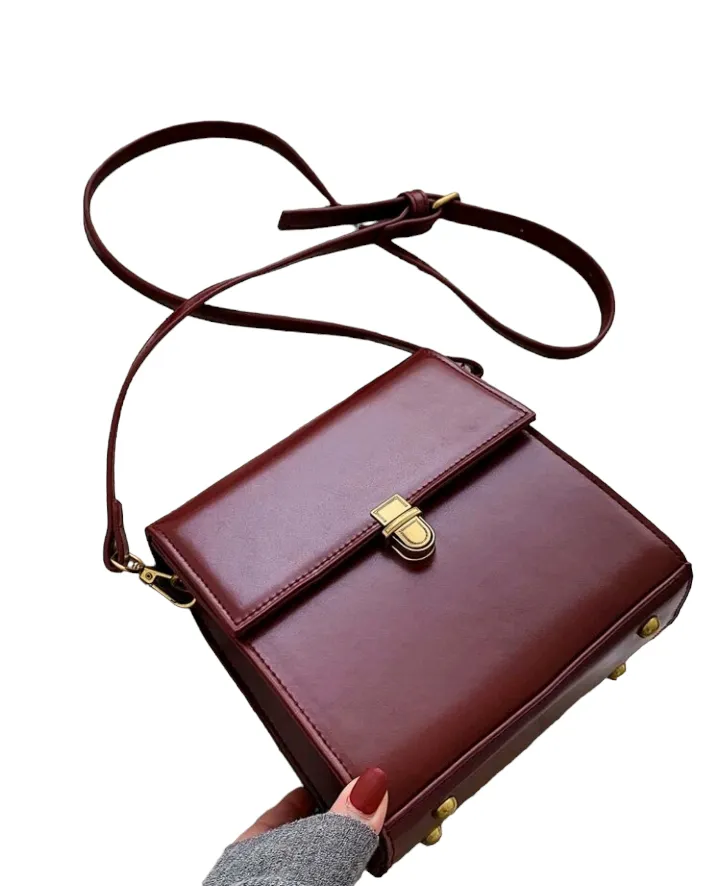 Burgundy Mini Push Button Flap Square Bag