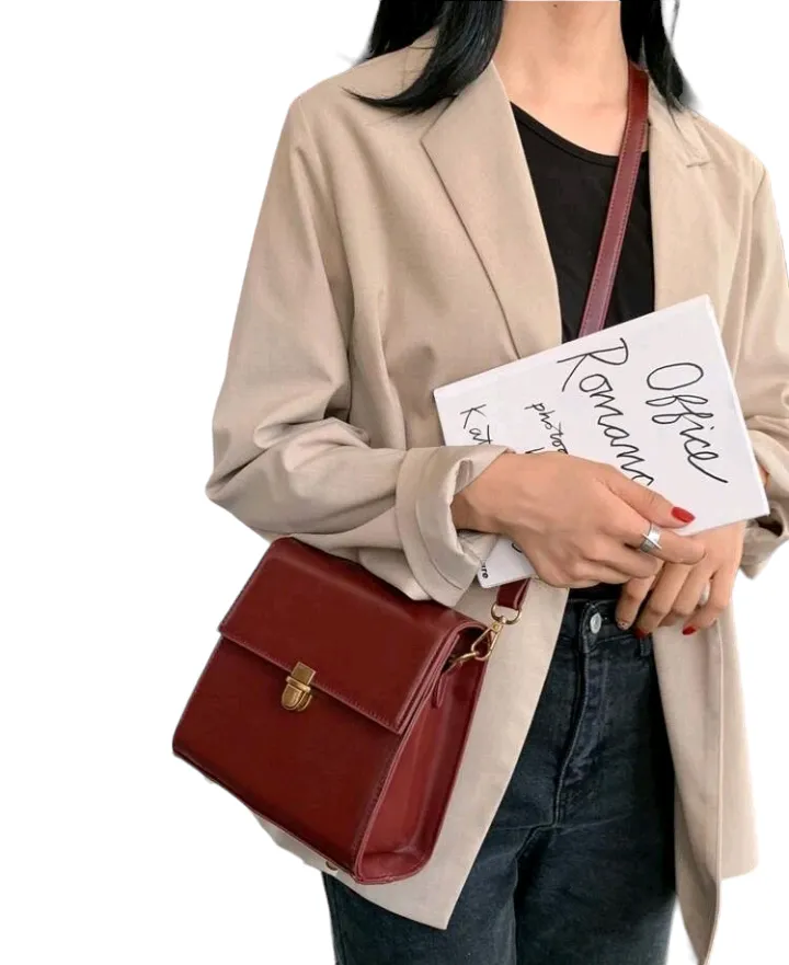 Burgundy Mini Push Button Flap Square Bag