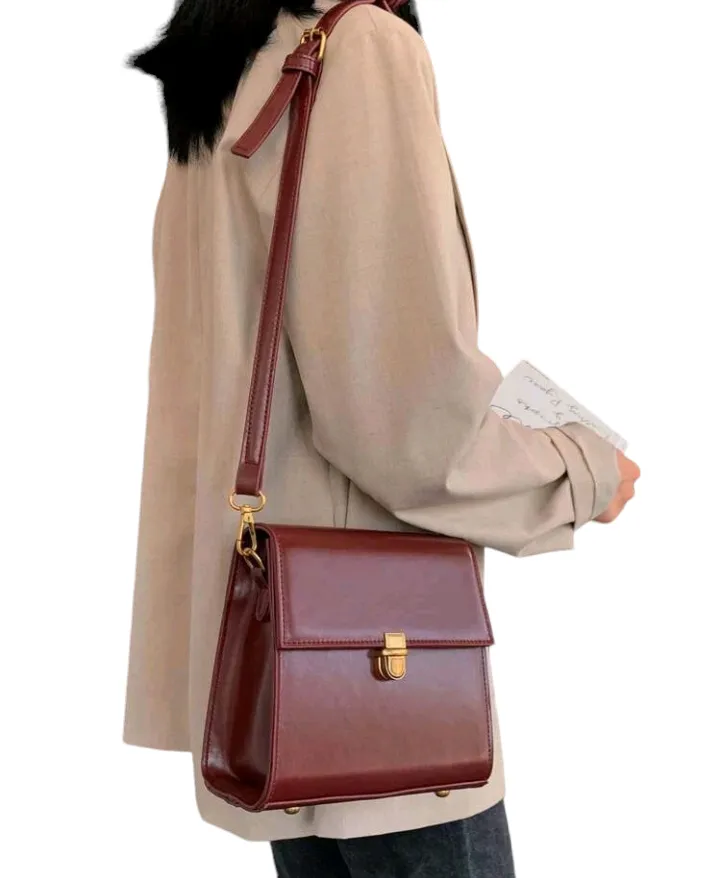 Burgundy Mini Push Button Flap Square Bag