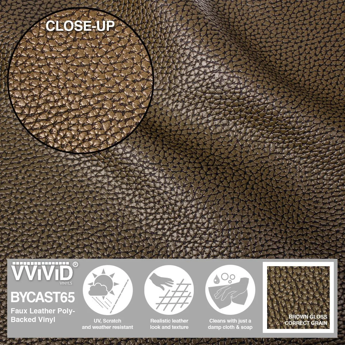 Bycast65 Brown Correct-Grain Pattern Faux Leather Marine Vinyl Fabric