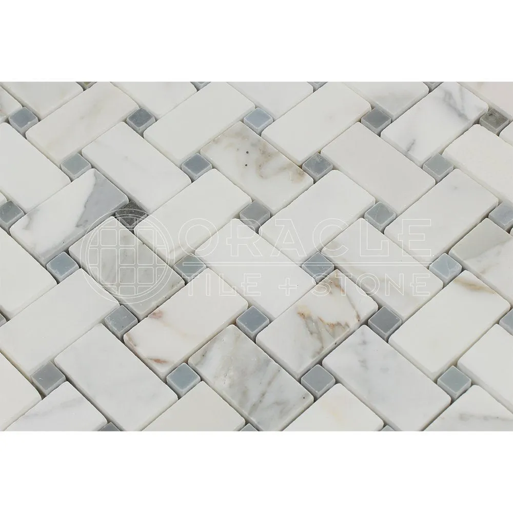 Calacatta Gold (Italian Calcutta) Marble Basketweave Mosaic Tile with Blue & Gray Marble Dots, Polished