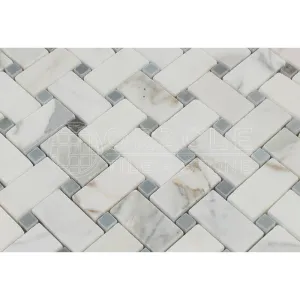 Calacatta Gold (Italian Calcutta) Marble Basketweave Mosaic Tile with Blue & Gray Marble Dots, Polished