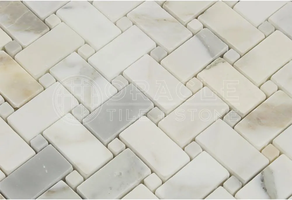 Calacatta Gold (Italian Calcutta) Marble Basketweave Mosaic Tile with Calacatta Gold Marble Dots