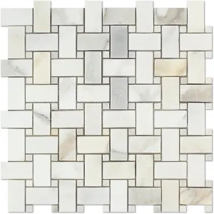 Calacatta Gold (Italian Calcutta) Marble Basketweave Mosaic Tile with Calacatta Gold Marble Dots
