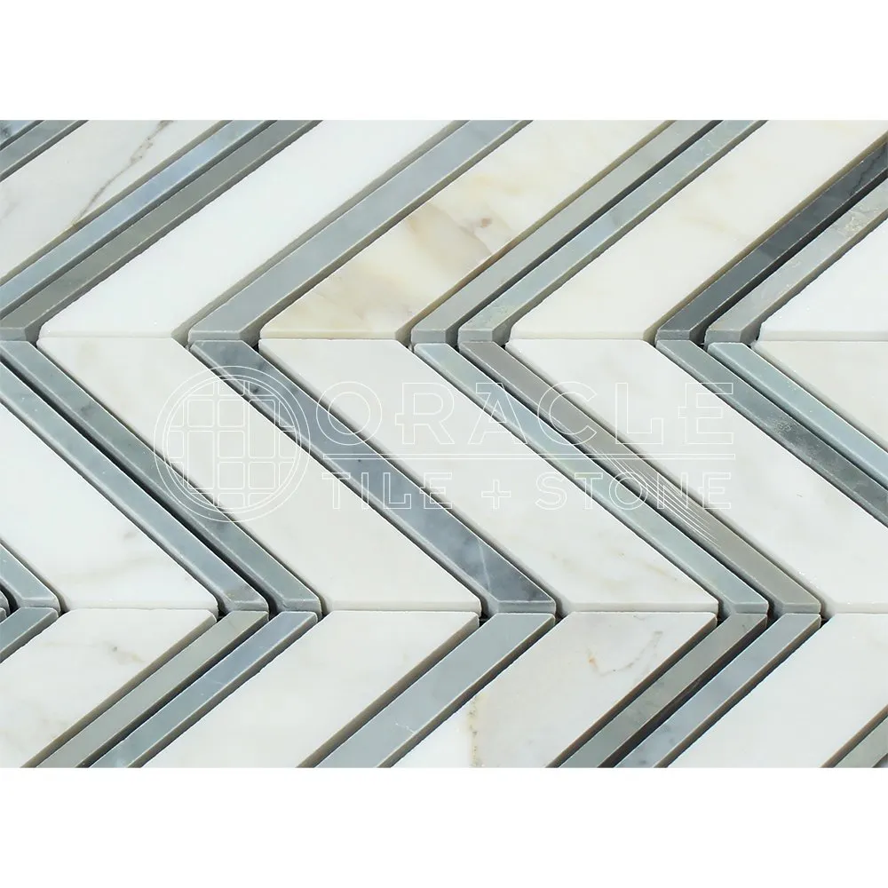 Calacatta Gold (Italian Calcutta) Marble Large Chevron Mosaic Tile with Blue & Gray Marble Strips, Polished