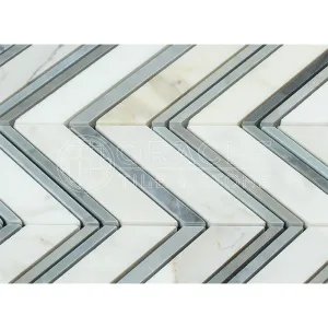 Calacatta Gold (Italian Calcutta) Marble Large Chevron Mosaic Tile with Blue & Gray Marble Strips, Polished
