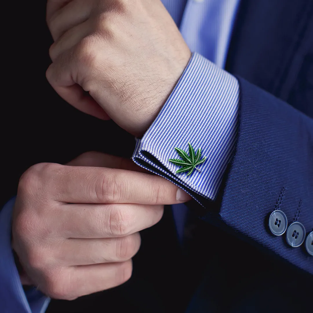 Cannabis Green Enamel Leaf Sterling Cufflinks