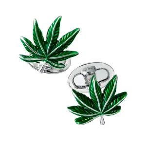Cannabis Green Enamel Leaf Sterling Cufflinks