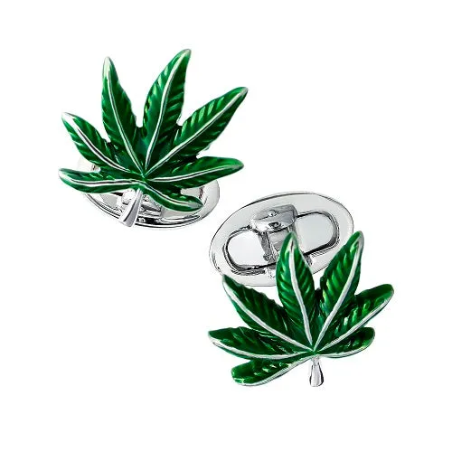 Cannabis Green Enamel Leaf Sterling Cufflinks