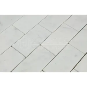 Carrara White Italian (Bianco Carrara) Marble 2 X 4 Brick Mosaic Tile, Polished and Deep Beveled