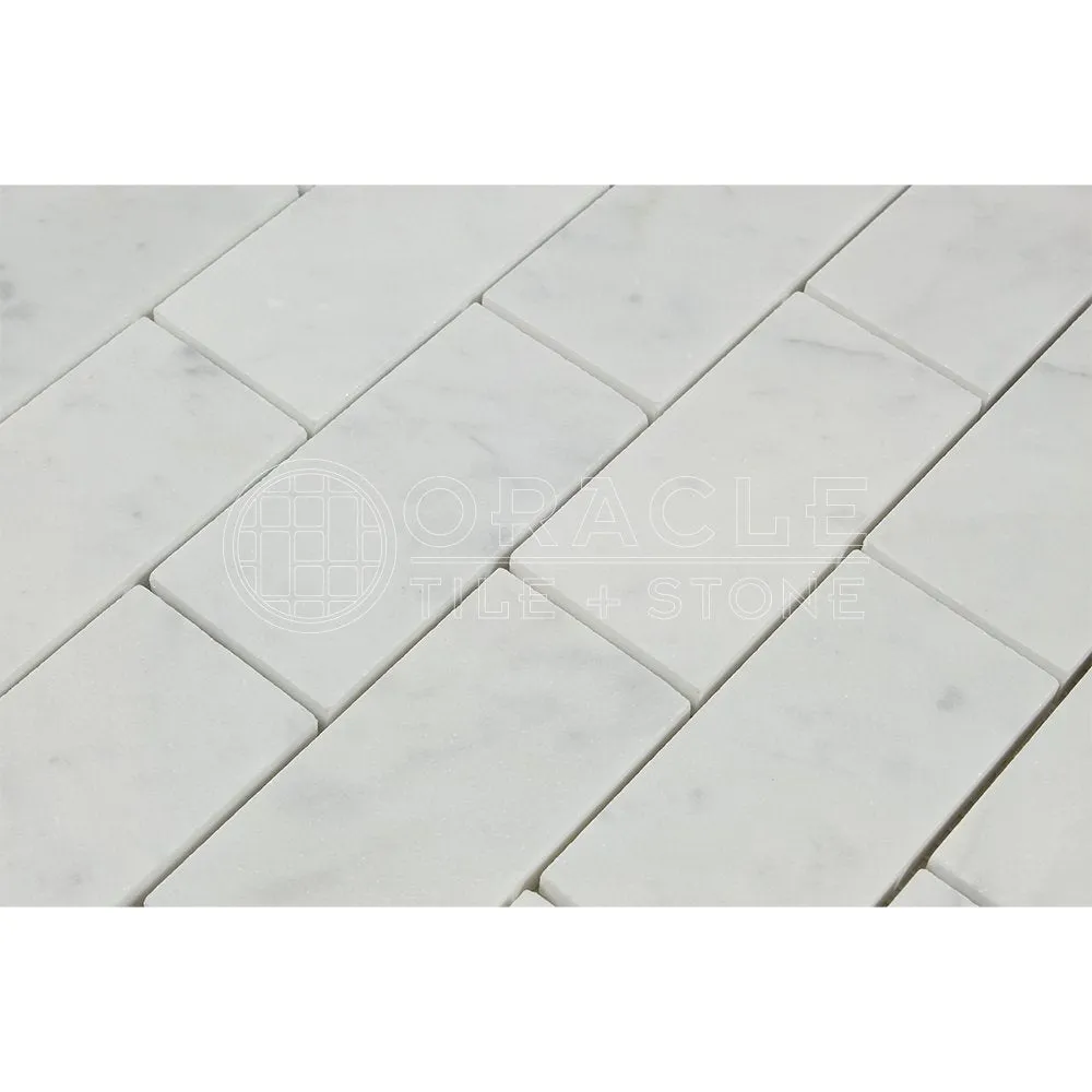 Carrara White Italian (Bianco Carrara) Marble 2 X 4 Brick Mosaic Tile, Polished and Deep Beveled