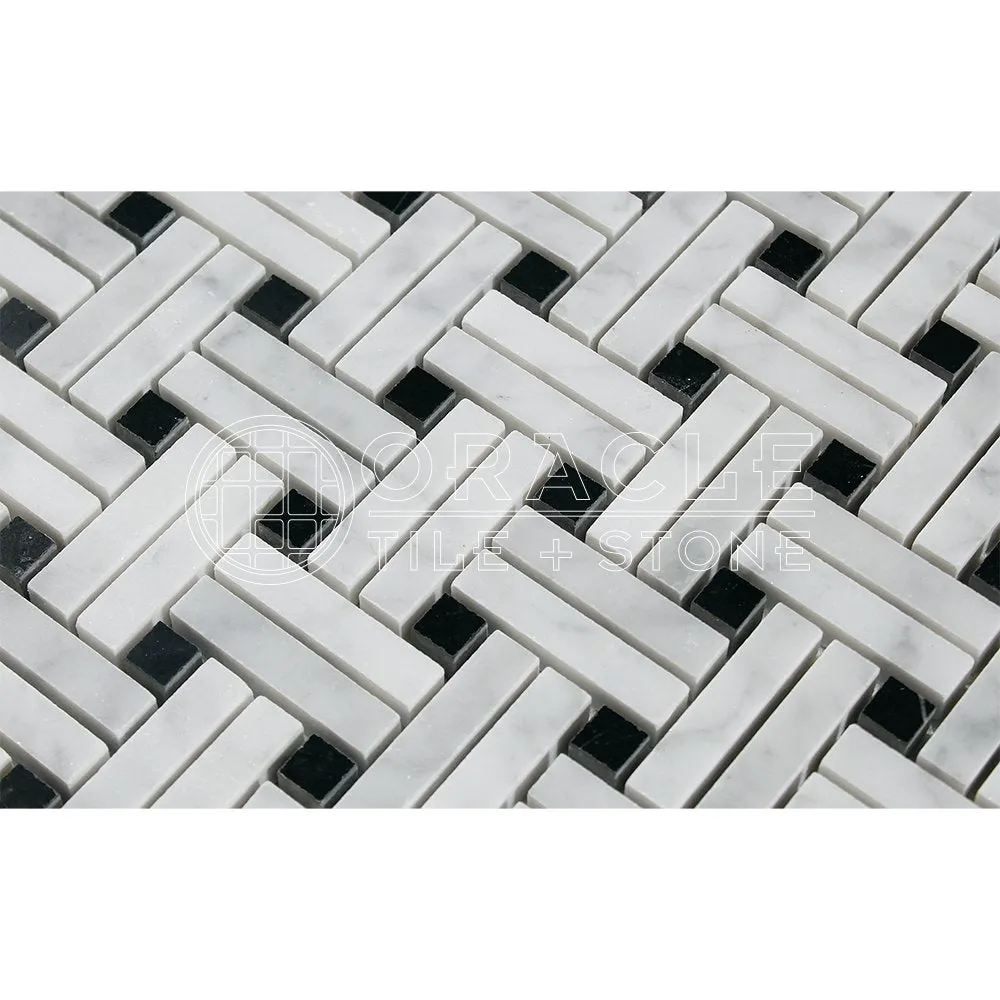 Carrara White Italian (Bianco Carrara) Marble Stanza Mosaic Tile (Black Marble Dots, Polished)
