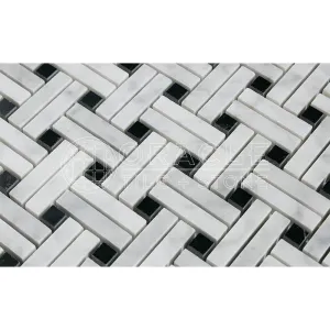 Carrara White Italian (Bianco Carrara) Marble Stanza Mosaic Tile (Black Marble Dots, Polished)