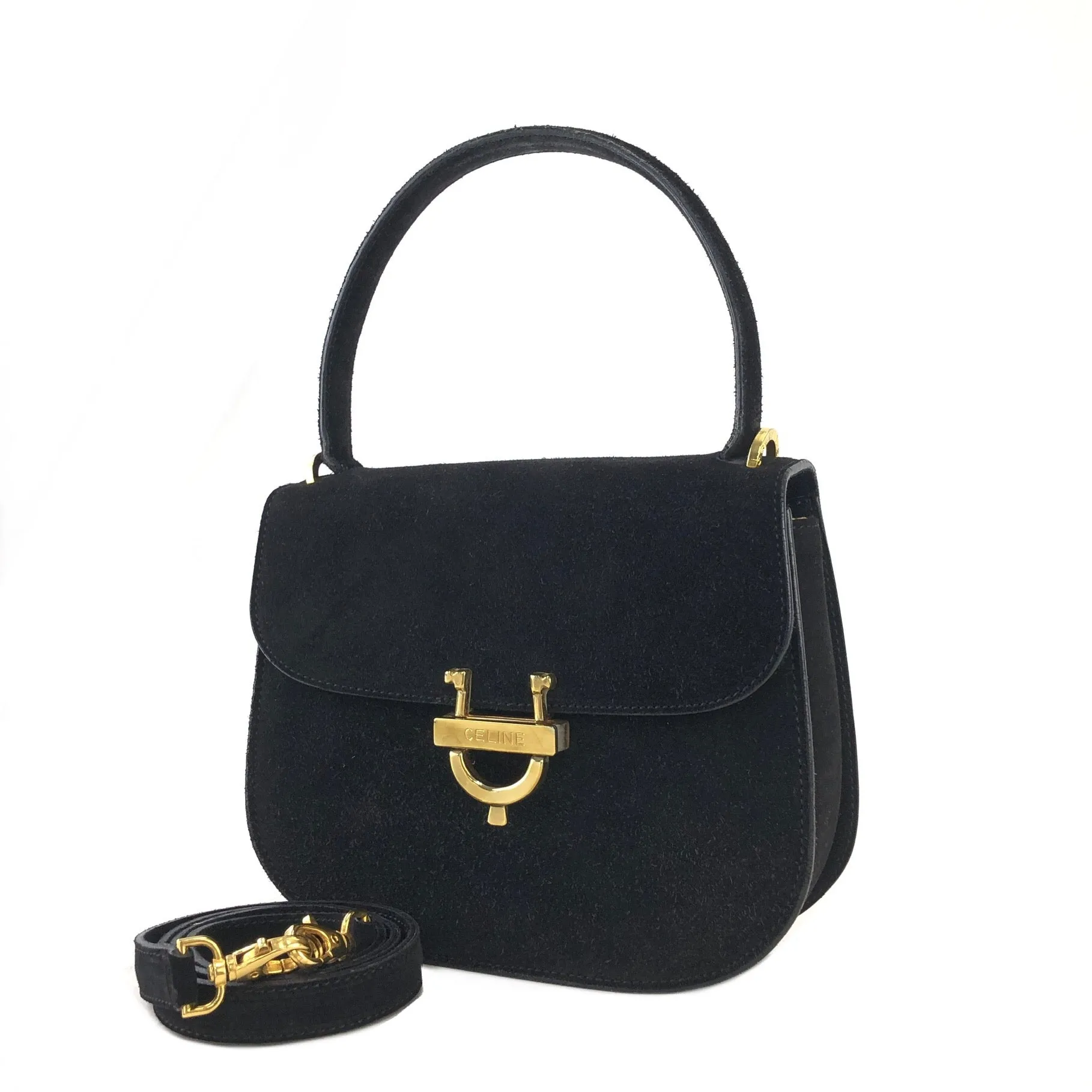 CELINE Horseshoe Suede Leather Two-way Handbag Shoulder bag Black Vintage 47tmub