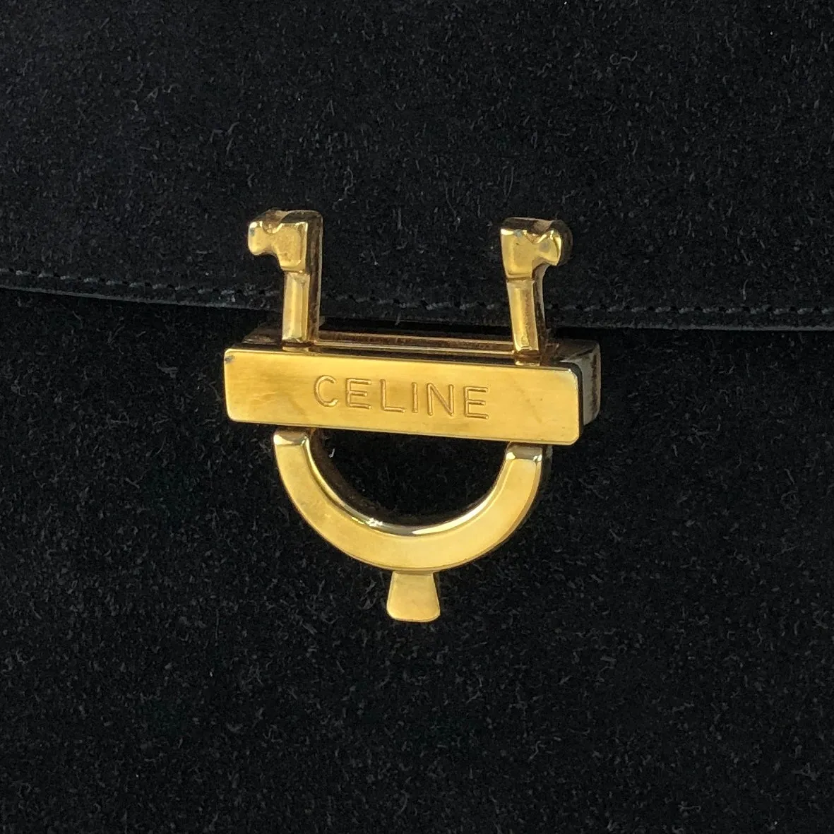 CELINE Horseshoe Suede Leather Two-way Handbag Shoulder bag Black Vintage 47tmub