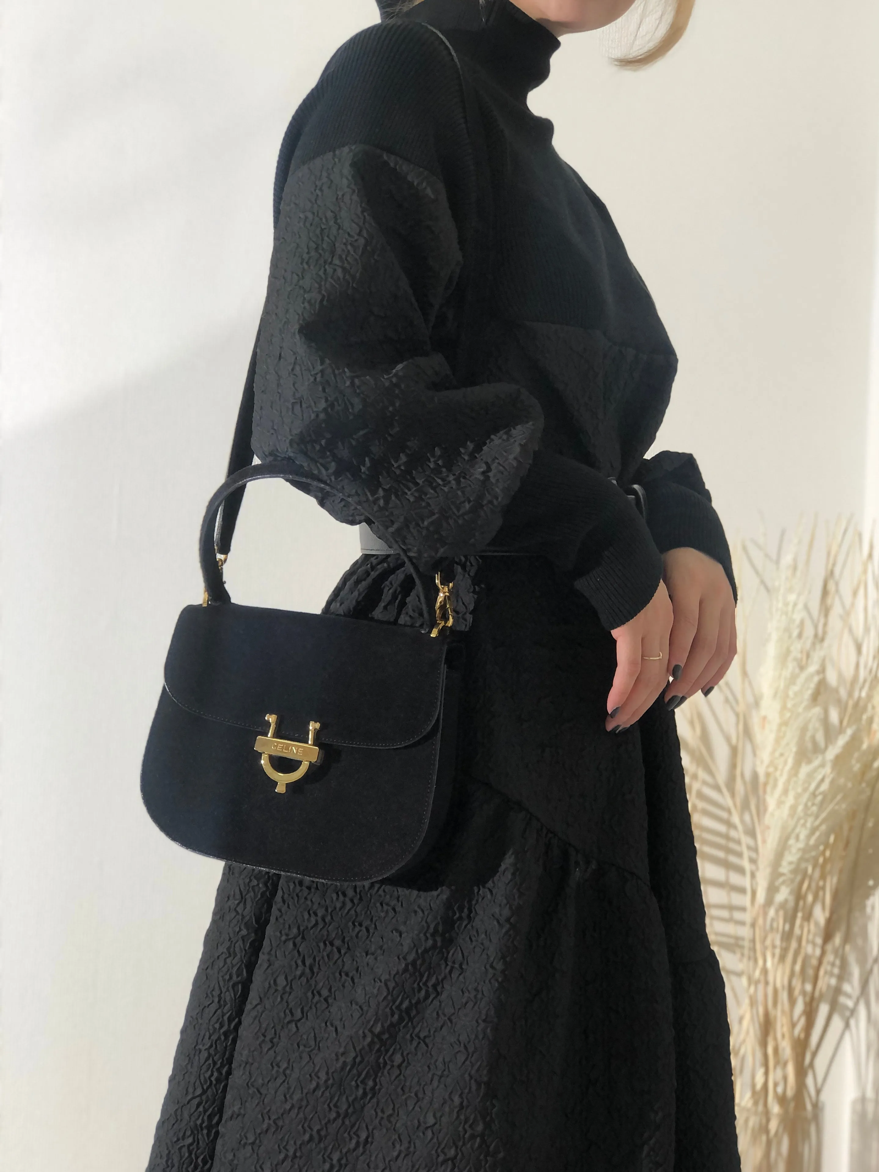 CELINE Horseshoe Suede Leather Two-way Handbag Shoulder bag Black Vintage 47tmub