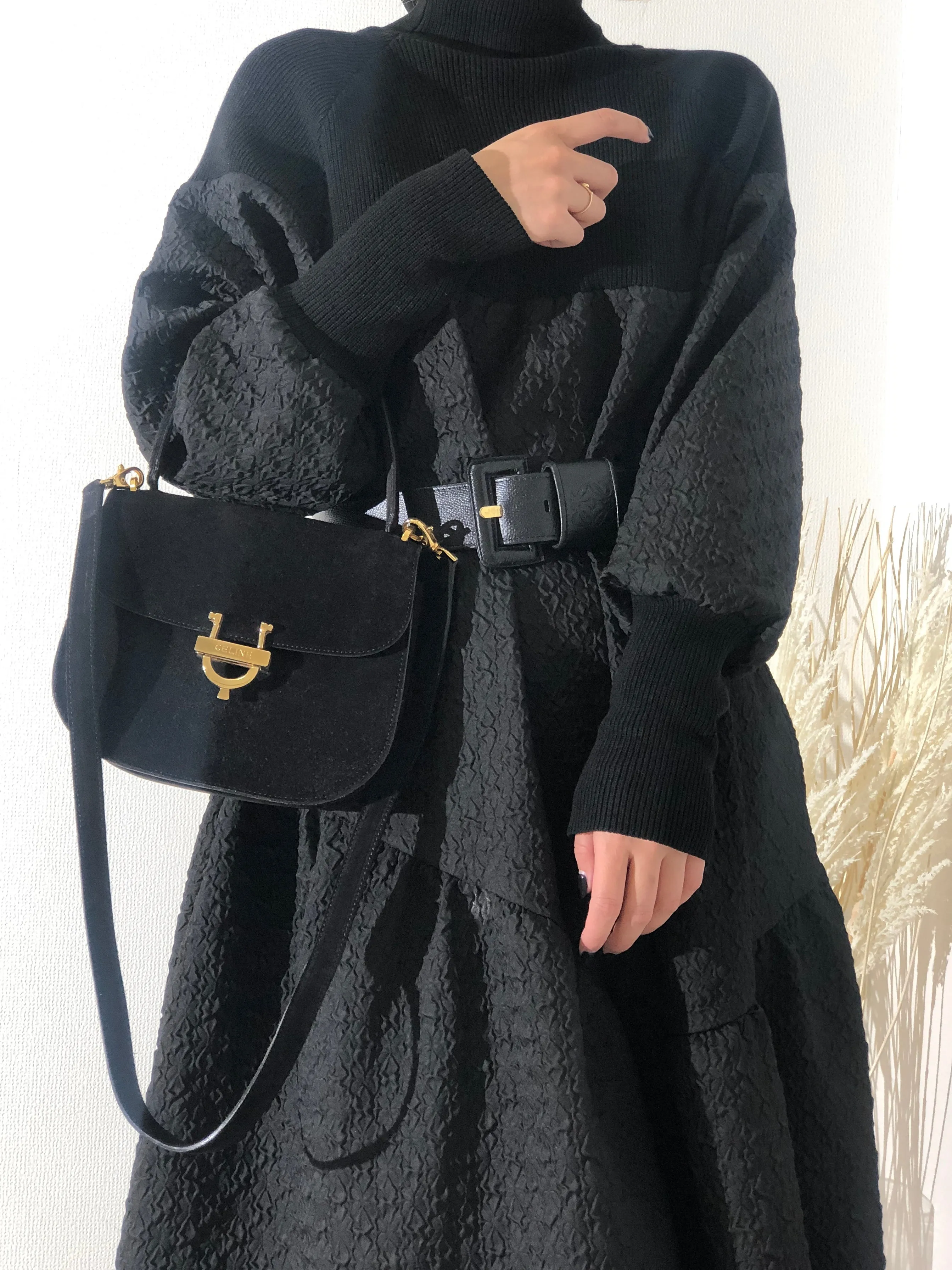 CELINE Horseshoe Suede Leather Two-way Handbag Shoulder bag Black Vintage 47tmub