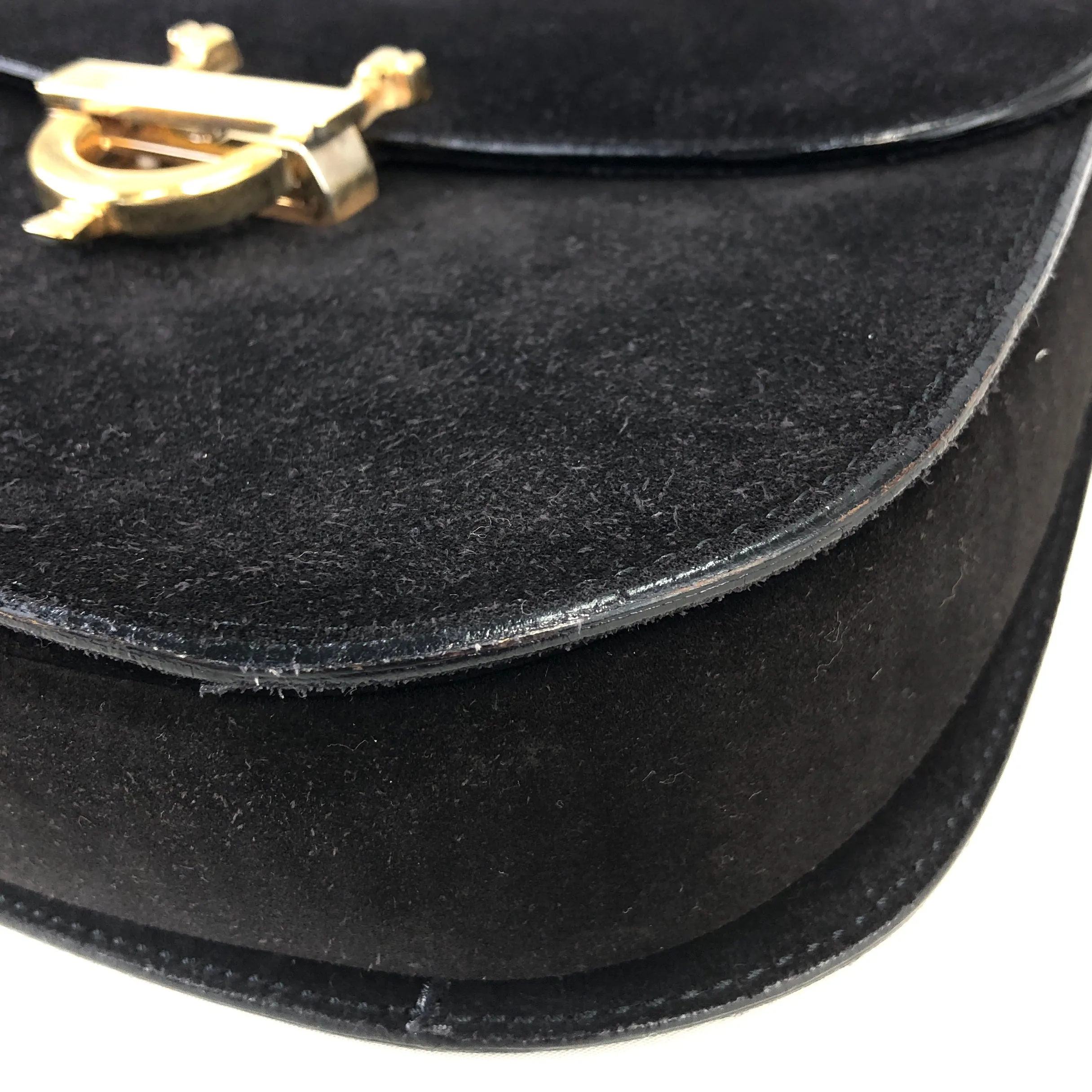 CELINE Horseshoe Suede Leather Two-way Handbag Shoulder bag Black Vintage 47tmub