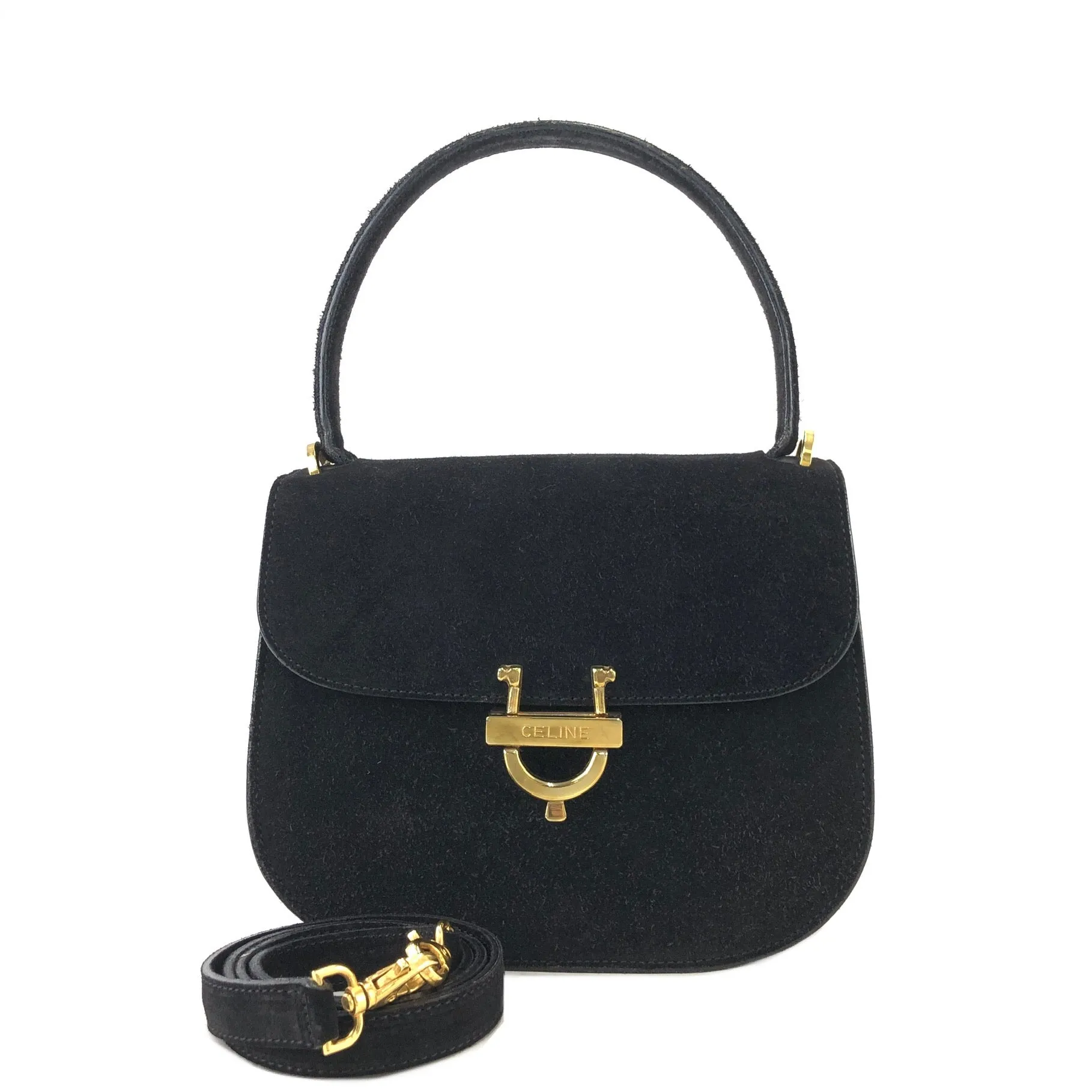 CELINE Horseshoe Suede Leather Two-way Handbag Shoulder bag Black Vintage 47tmub