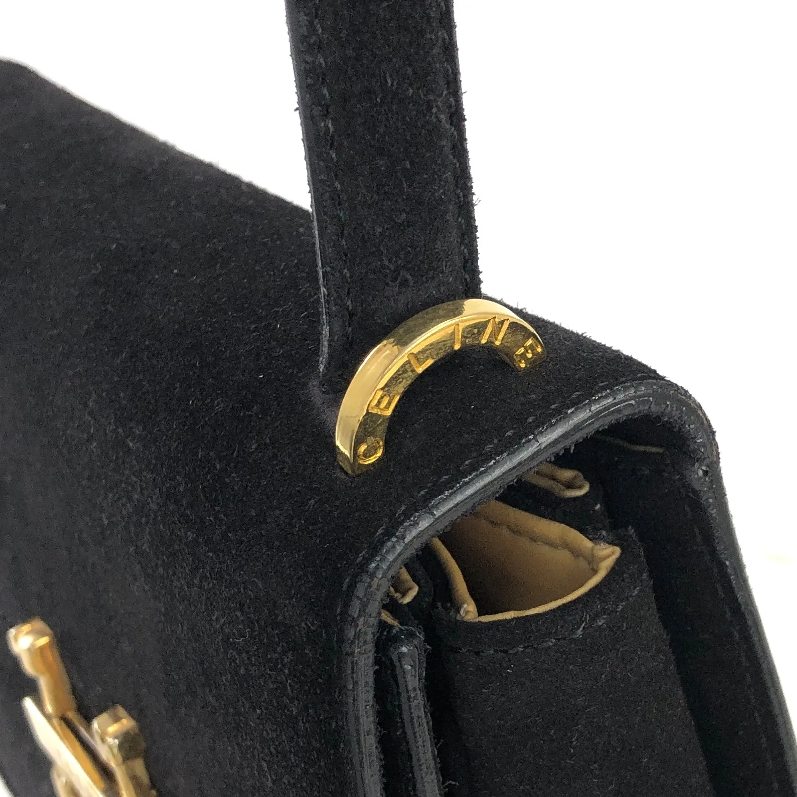 CELINE Horseshoe Suede Leather Two-way Handbag Shoulder bag Black Vintage 47tmub