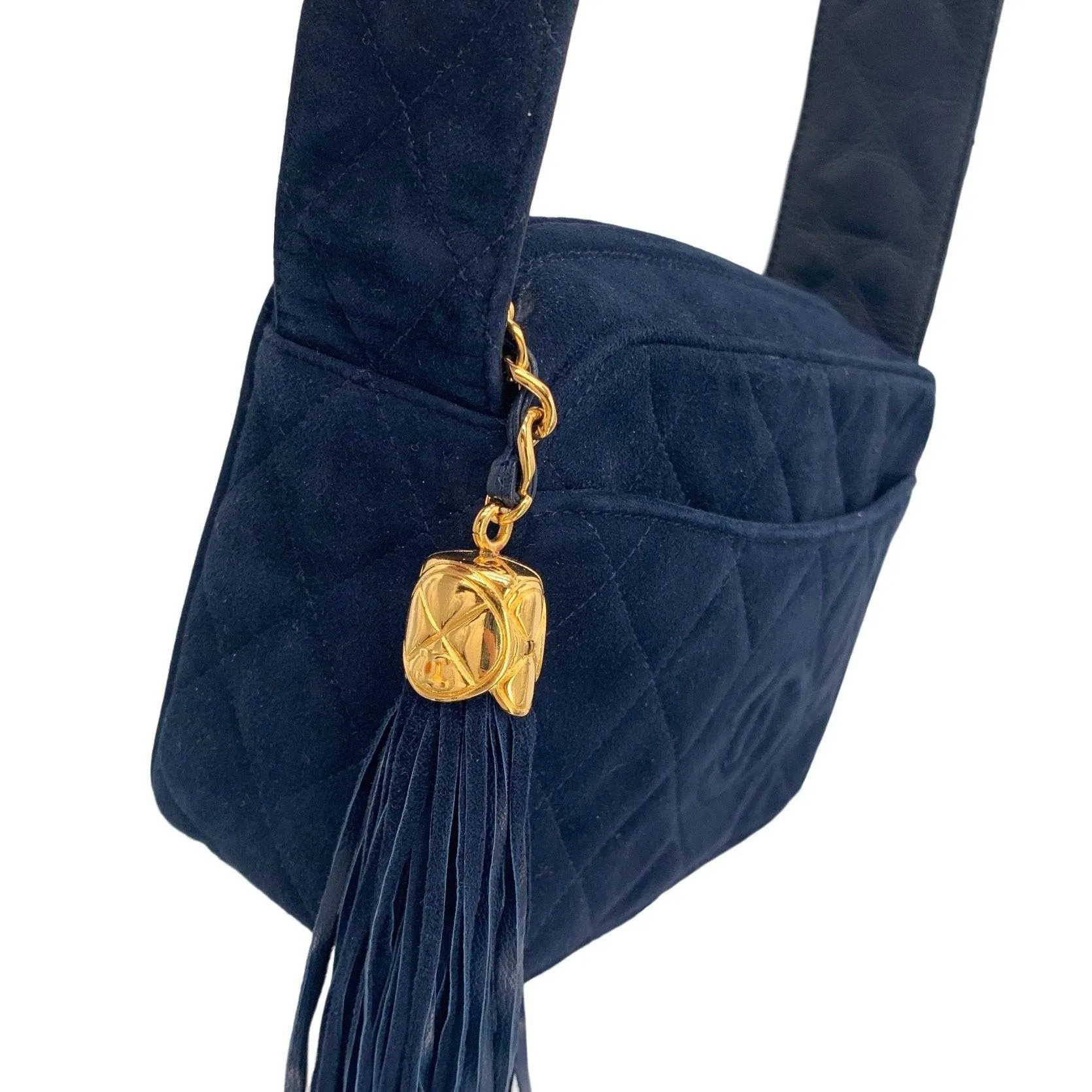Chanel Navy Suede Tassel Logo Camera Bag