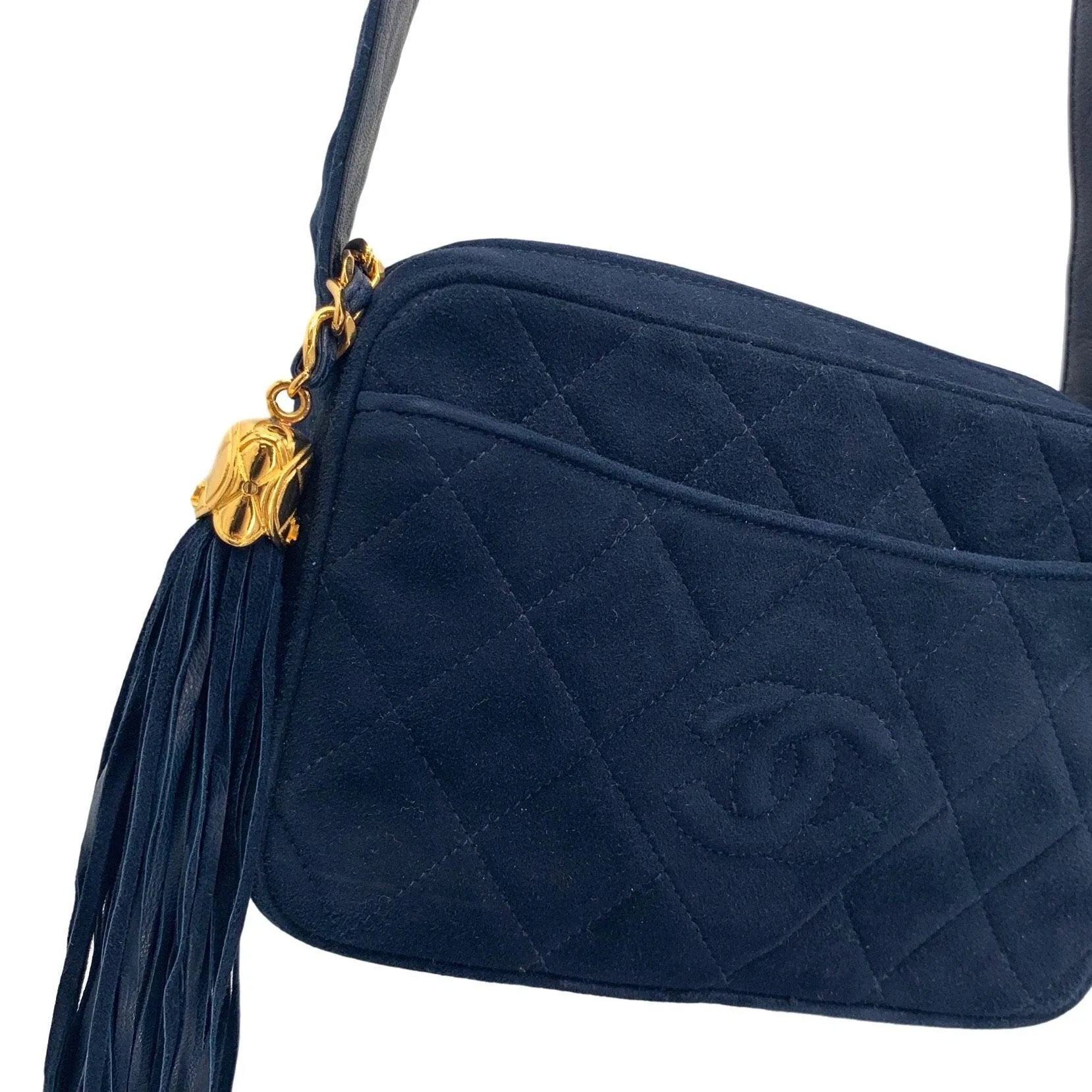 Chanel Navy Suede Tassel Logo Camera Bag