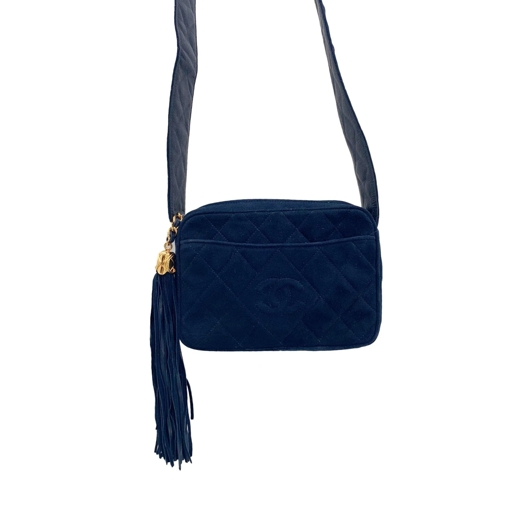 Chanel Navy Suede Tassel Logo Camera Bag
